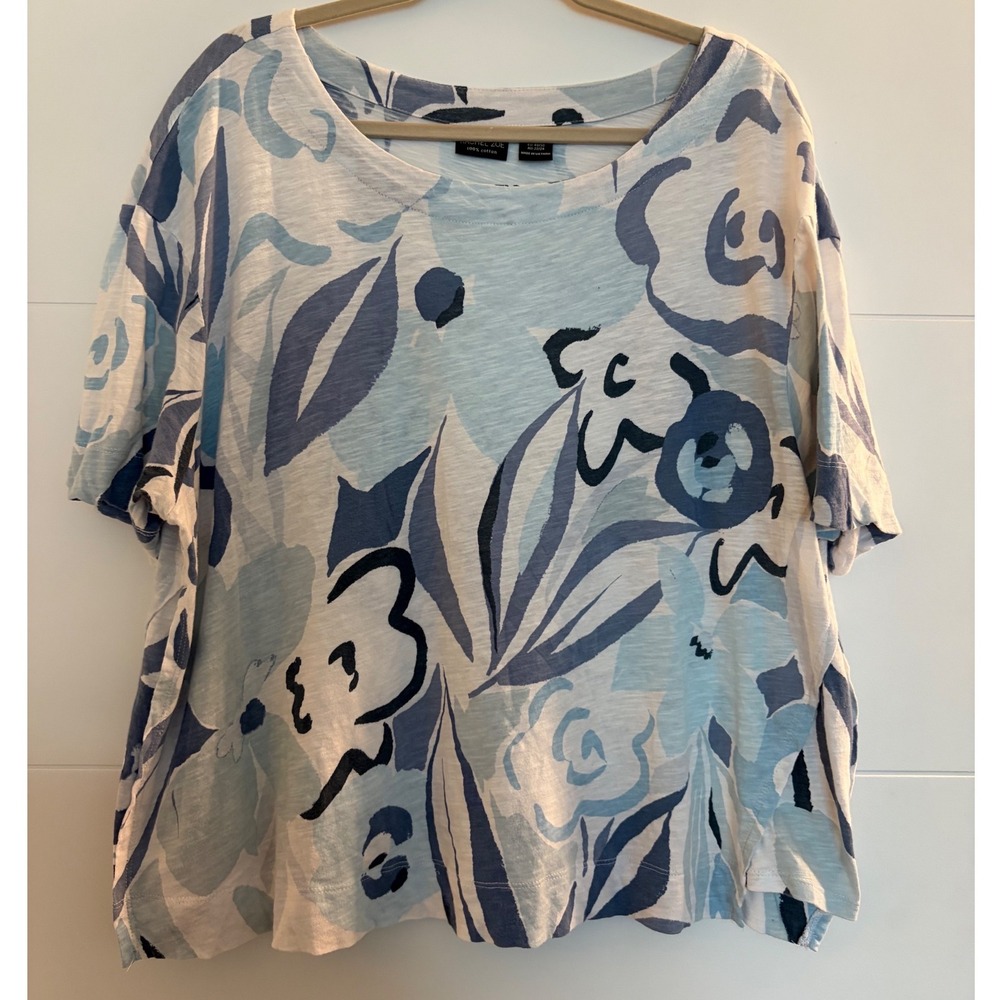 Rachel Zoe Blue Floral Cotton Slub Knit T-Shirt Top Plus Size 2X